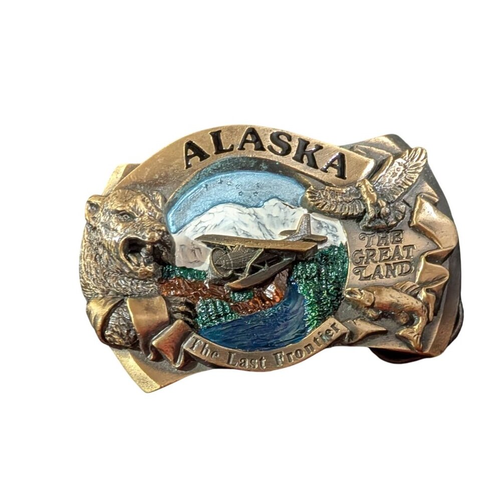 Alaska Belt Buckle Last Frontier Great Land Bear Eagle Plane Made in USA 1986